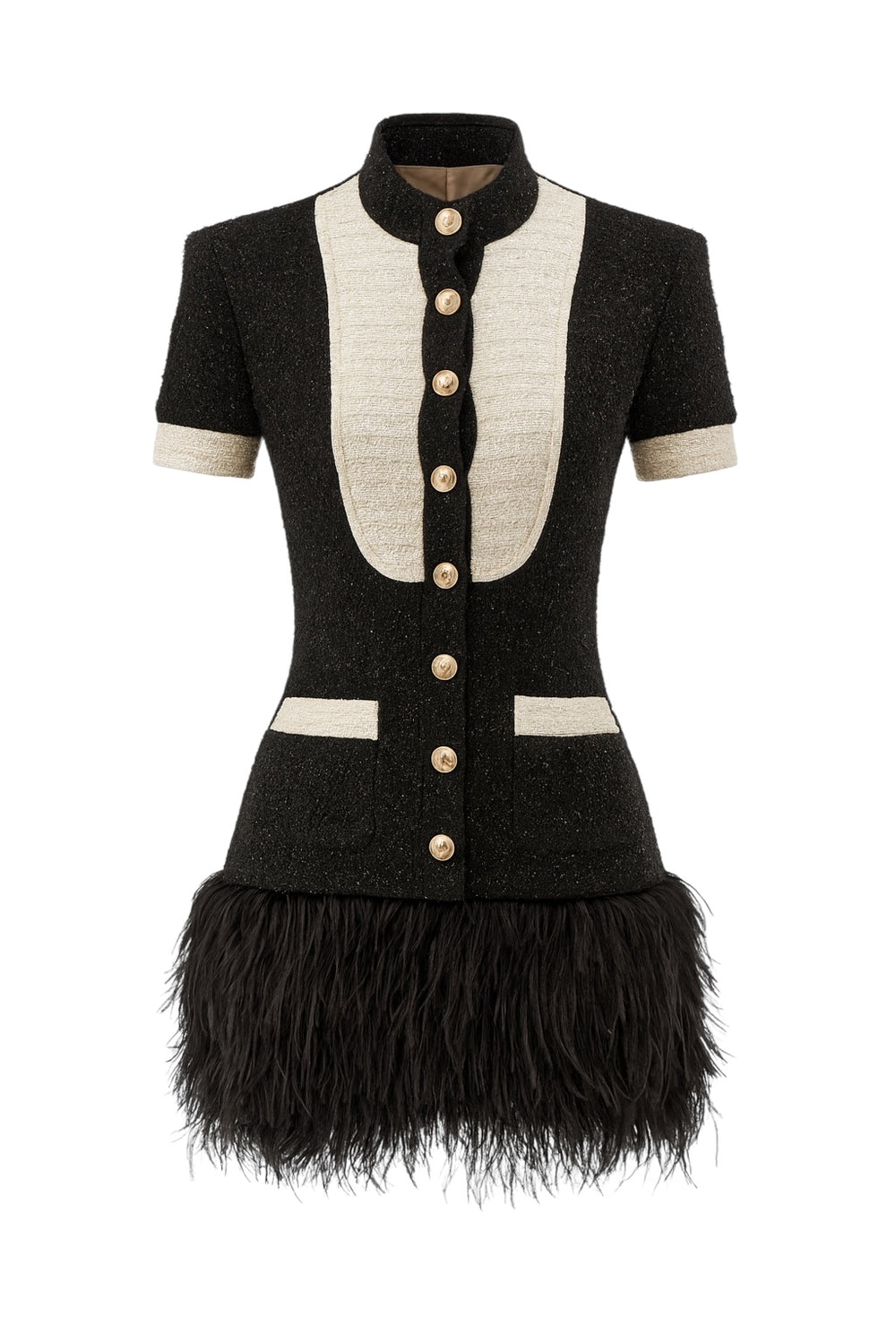 balmain black & white  tweed tuxedo dress with feather trim