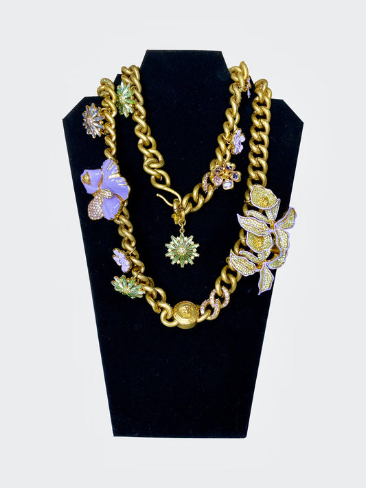 Versace Layered Gold Necklace With Purple Flower Accents