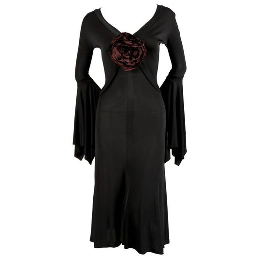 Saint Laurent Black Midi Dress With Red Flower & Long Sleeves