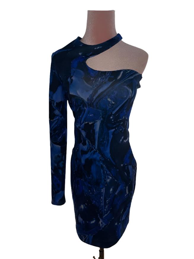 Defaience Blue Marble One Sleeve & Cut Out Fitted Mini Dress