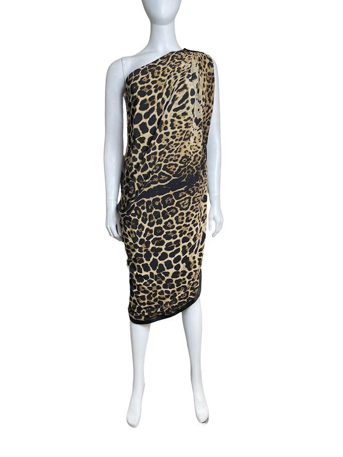 Saint Laurent Cheetah One Shoulder Midi Dress