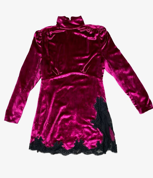 Alessandra Rich Pink Velvet & Lace Long Sleeve Turtleneck Mini Dress