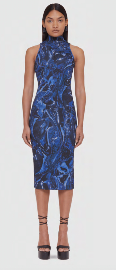 Defaience Blue Marble Sleeveless Mock Neck Fitted Midi Dress