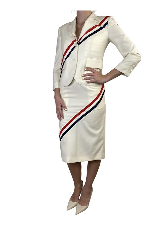 Thom Browne White With Red & Blue Stripes Midi Skirt Suit
