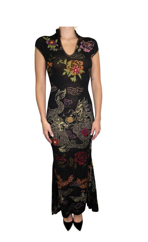 Roberto Cavalli Black Knit Dragon Printed Maxi Dress