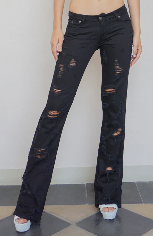 Defaience Black Low Rise Ripped Jeans