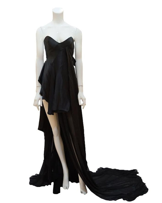 Nicola Bacchilega Black Strapless Gown With Long Chiffon Train