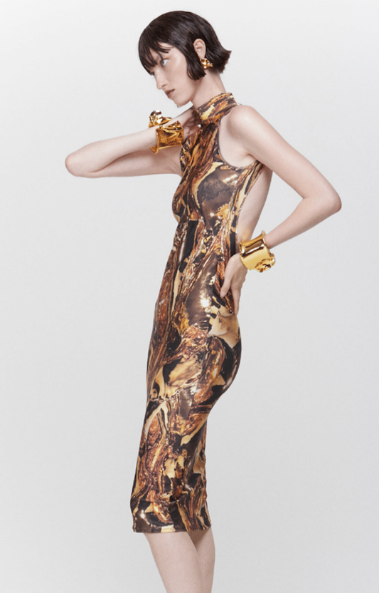 Defaience Gold Marble Fitted Sleeveless Dress With Mock Neck