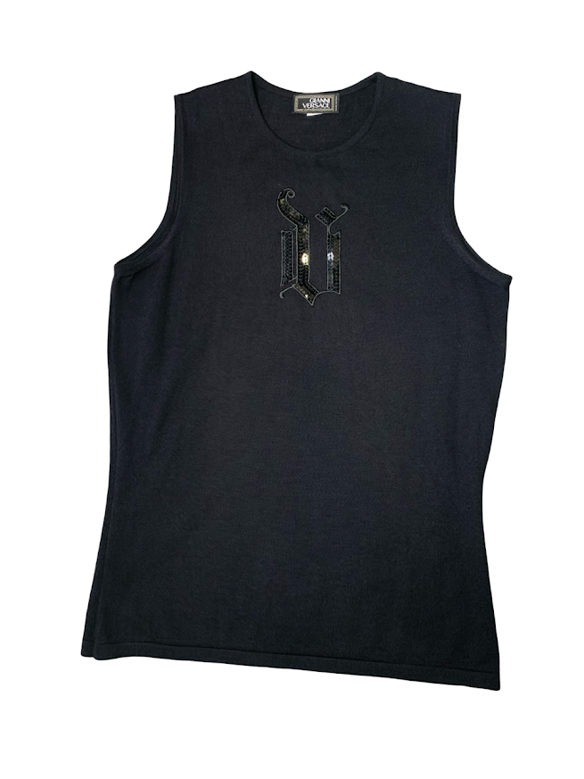 Versace Black Tank Top With Sequin V Detail