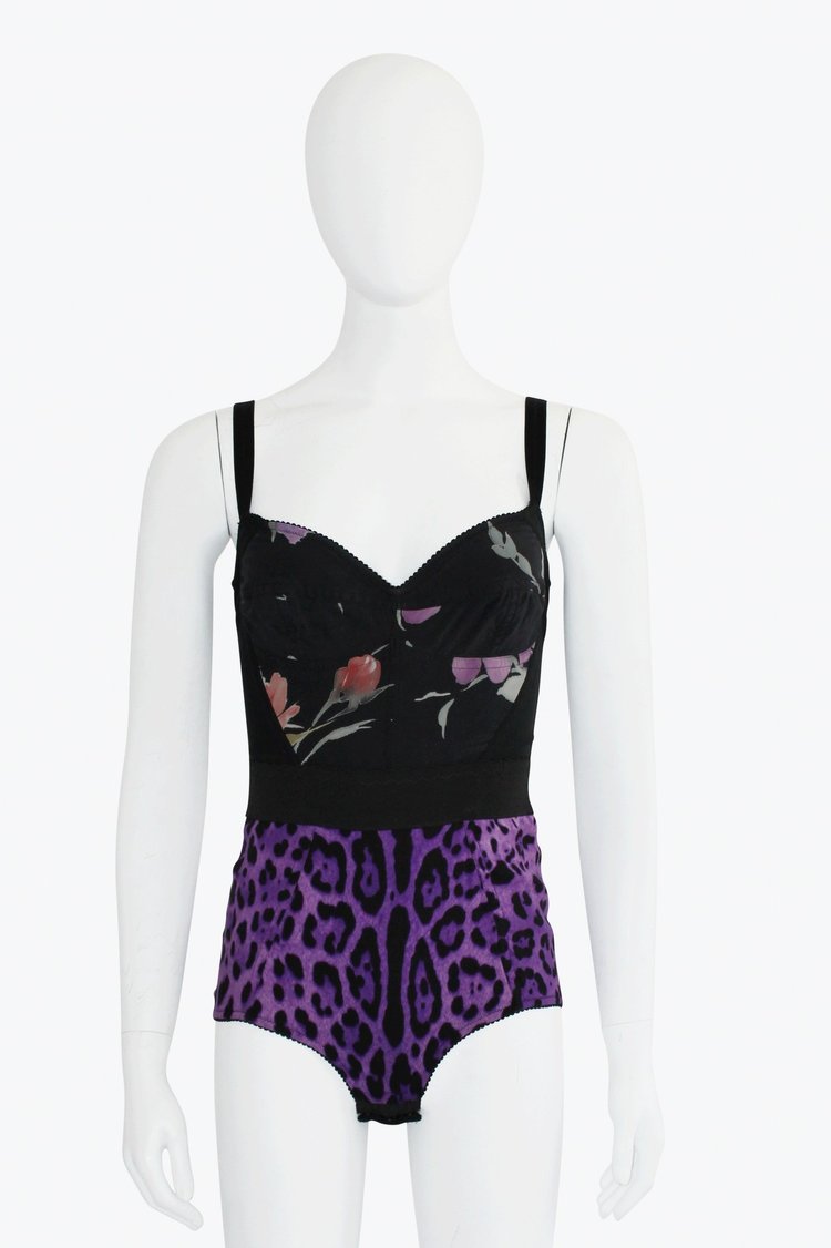 Dolce & Gabbana Black & Purple Floral Corset Bodysuit