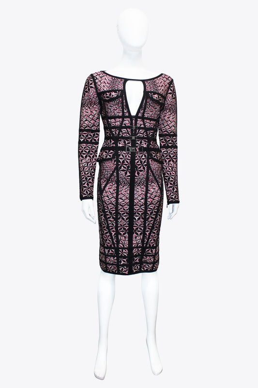 Herve Leger Pink and Black Graphic Print Bodycon Midi Dress