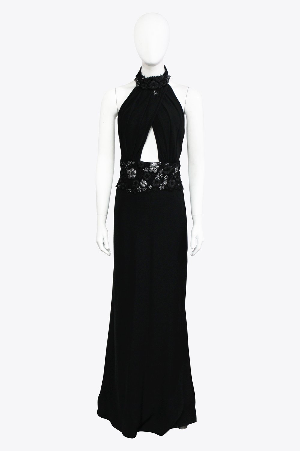 Tadashi Shoji Black Flower Halter Gown