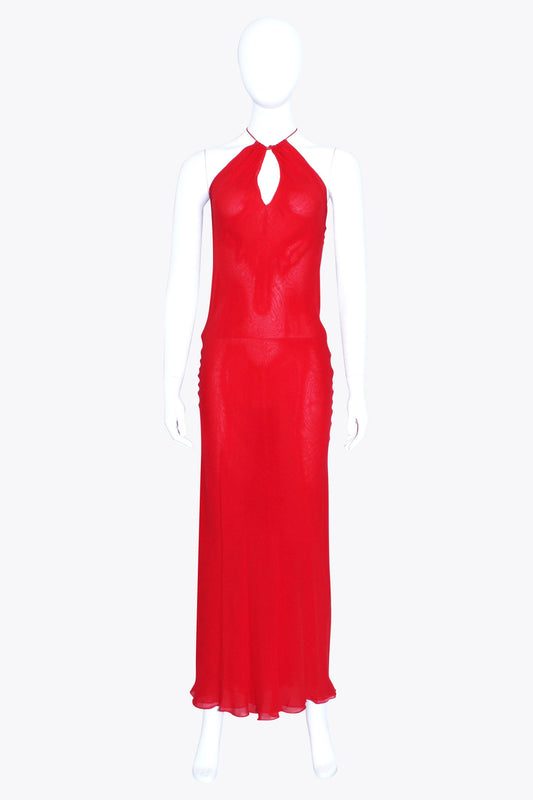 Red Meshy Halter Gown