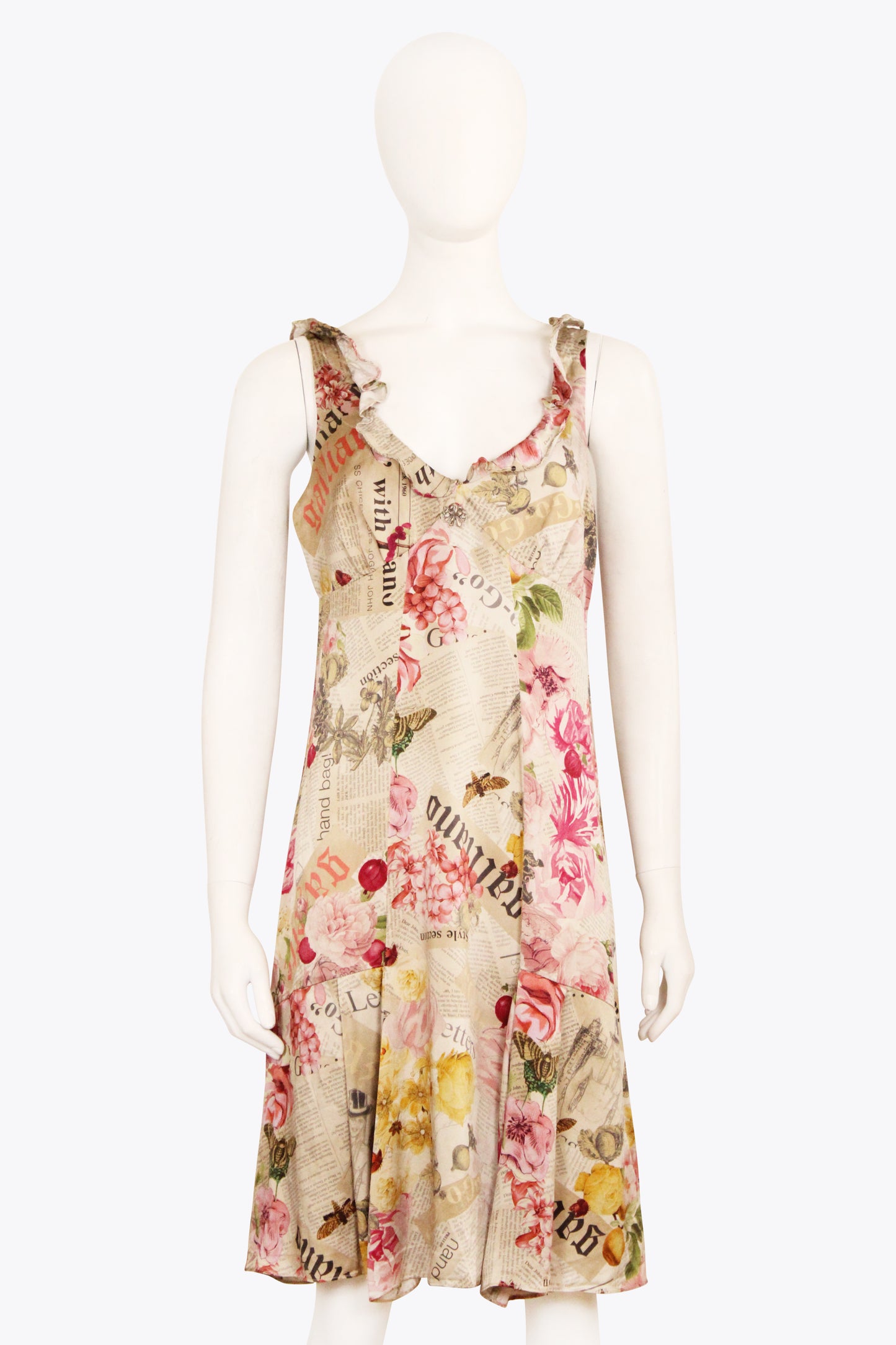 Galliano Cream & Pink Newspaper Floral Dress