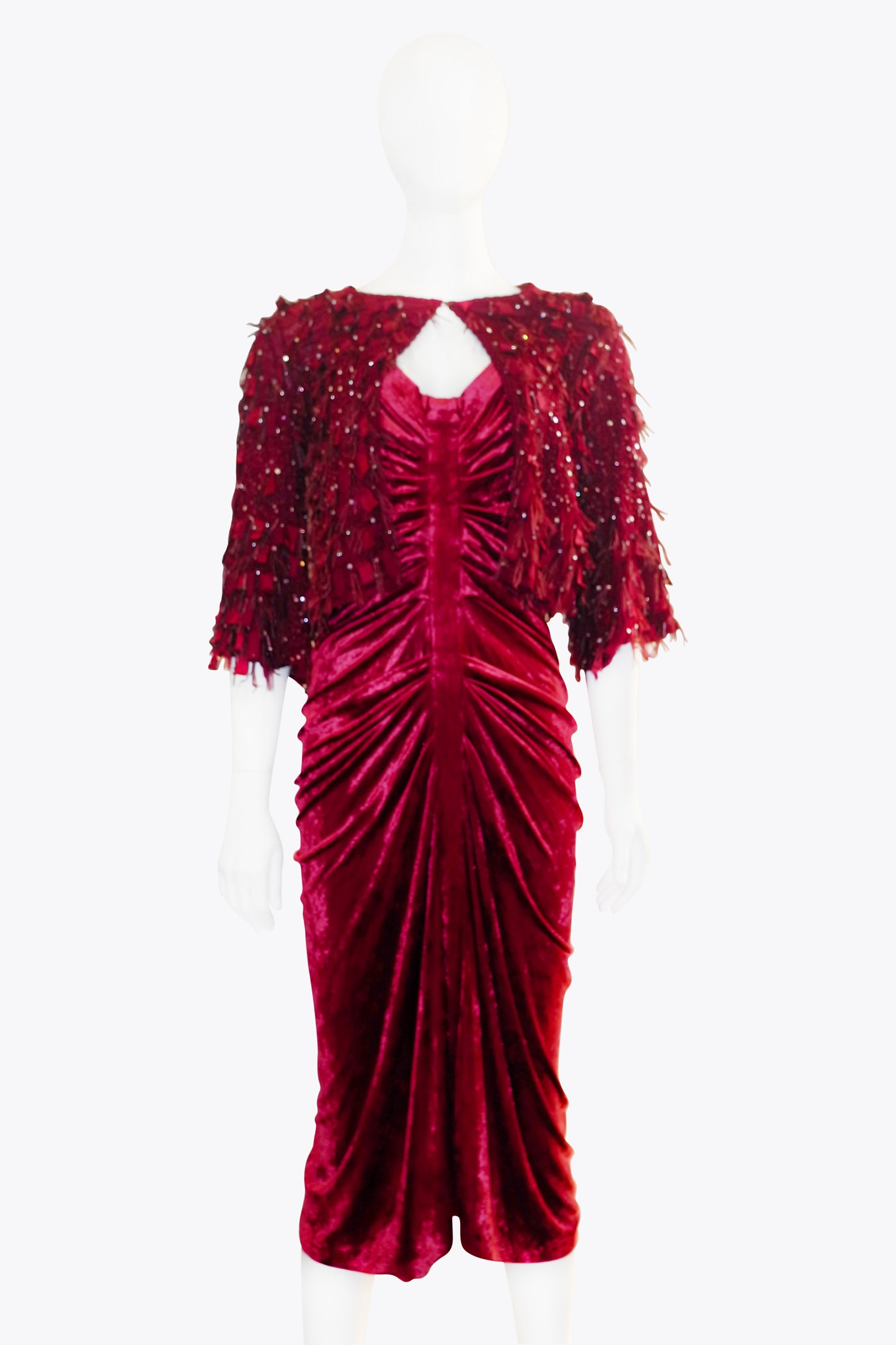 John Galliano Red Velvet Midi Dress With Matching Sequin Shawl