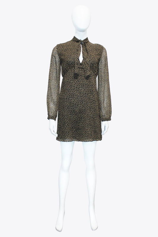 Saint Laurent Brown Cheetah Long Sleeve Tie Neck Dress