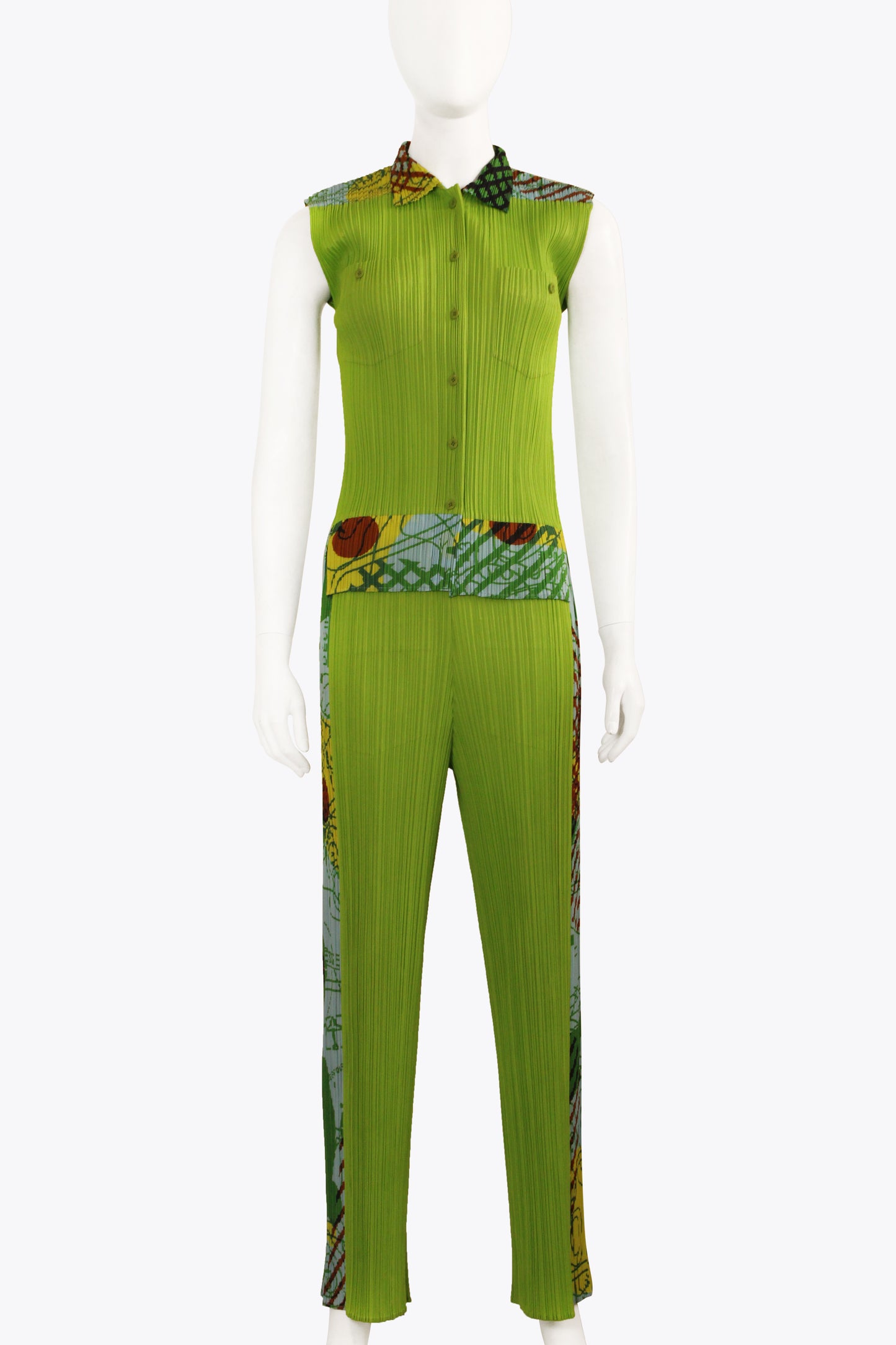 Pleats Please Green Ribbed Shirt & Pants Set