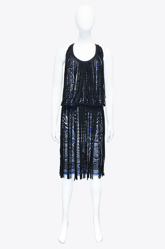 Jean Paul Gaultier Black Fringe Blue Pattern Dress