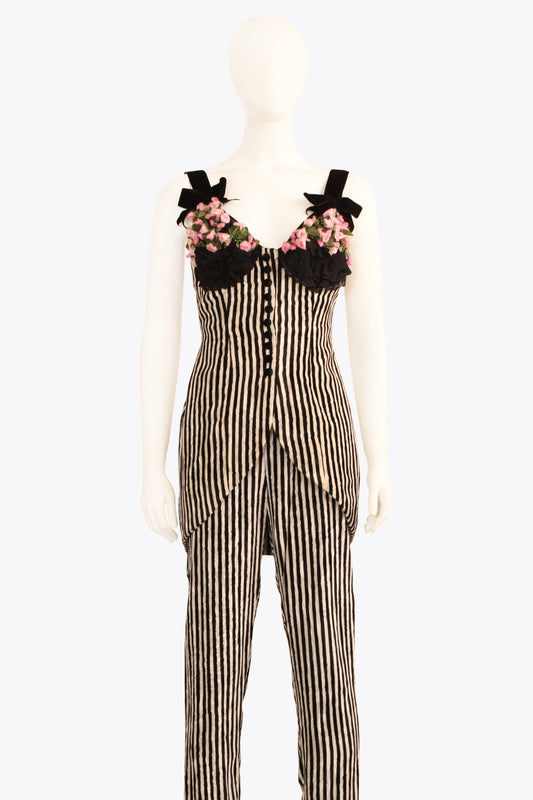 Moschino Black & White Pinstripe Top & Pants With Flower Detail