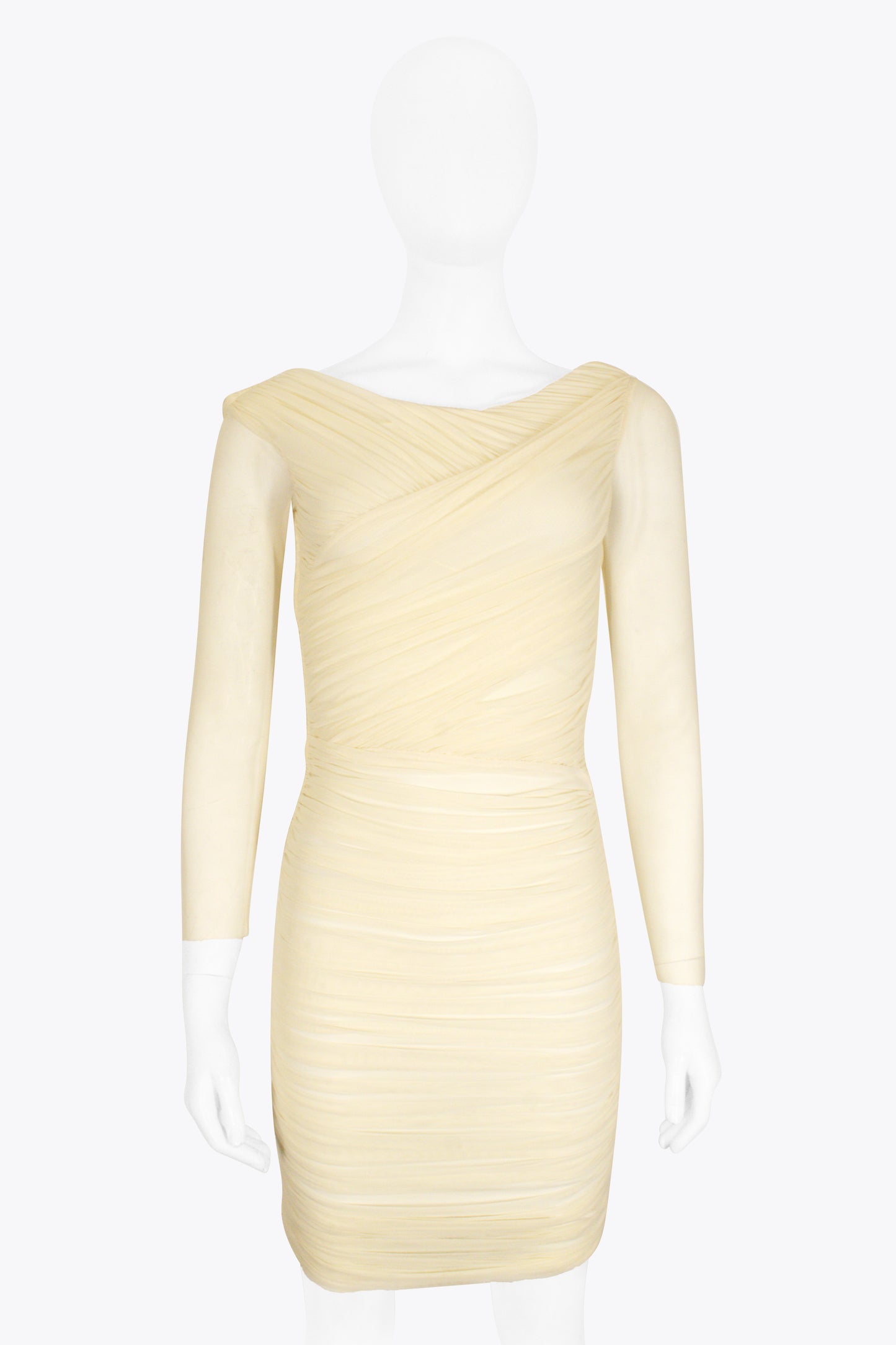 Halston Cream Ruched Long-Sleeve Mini Dress