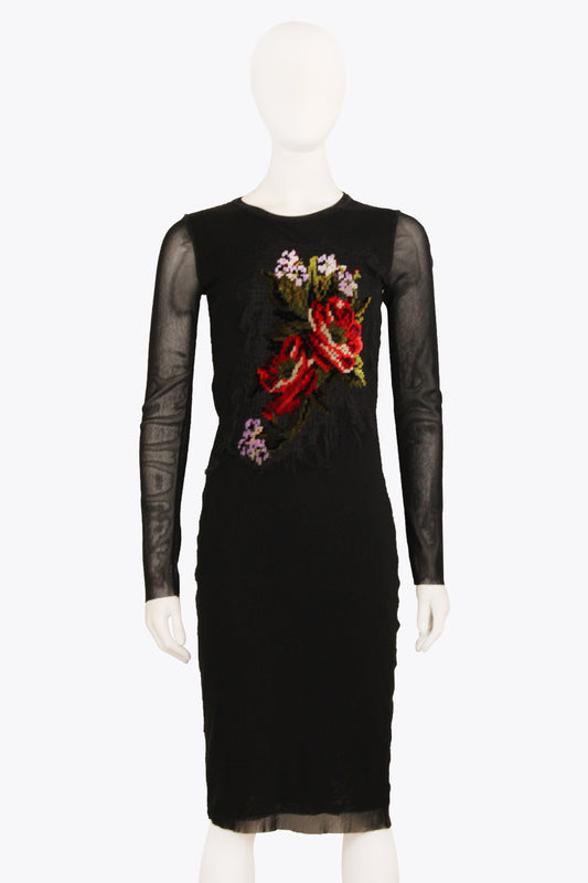 Jean Paul Gaultier Black Mesh Stitched Flower Longsleeve Dress