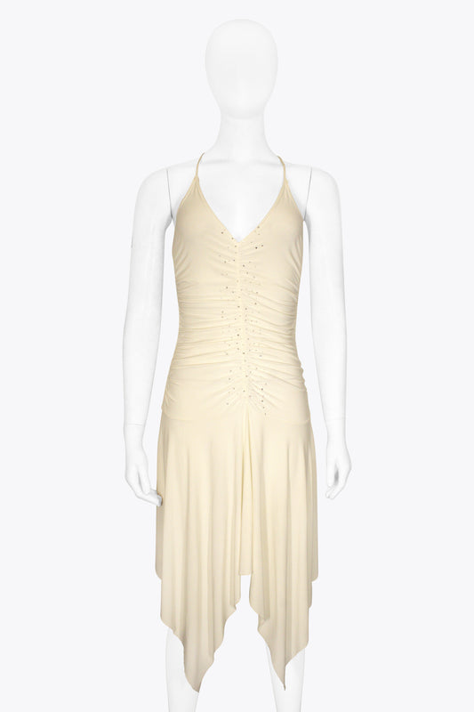 Versace White Ruched Flowy Dress With Rinestones