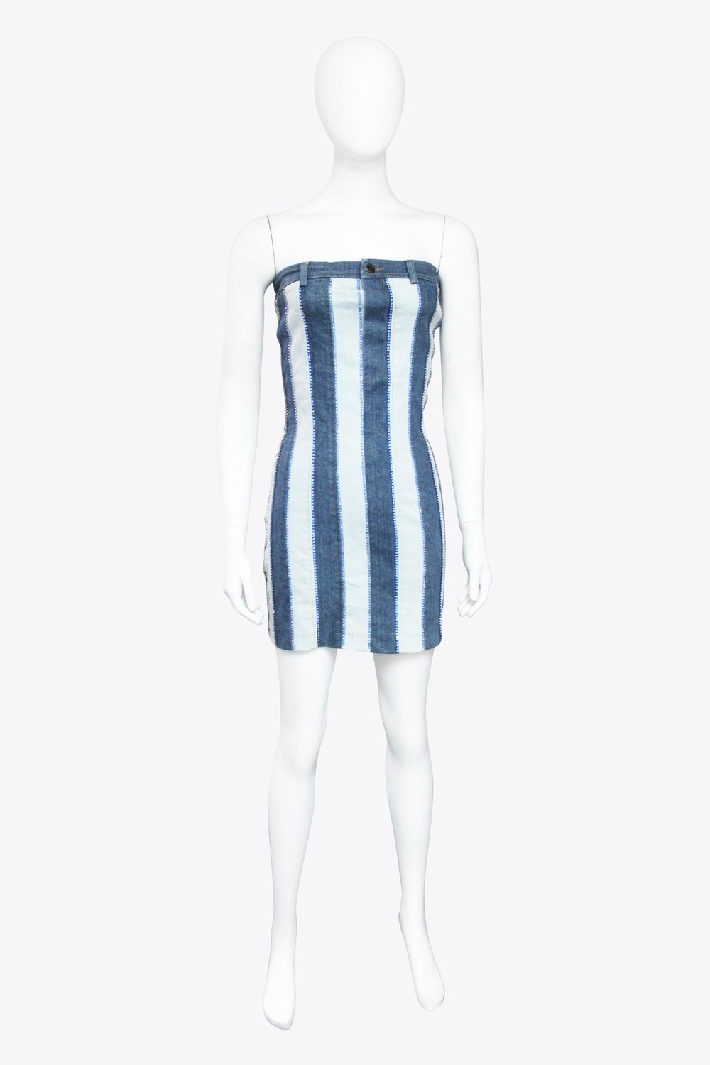 Roberto Cavalli Blue Striped Denim Strapless Dress