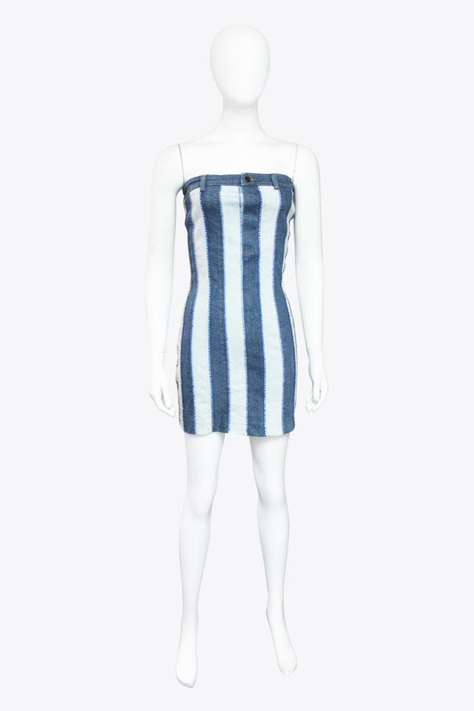 Roberto Cavalli Blue Striped Denim Strapless Dress