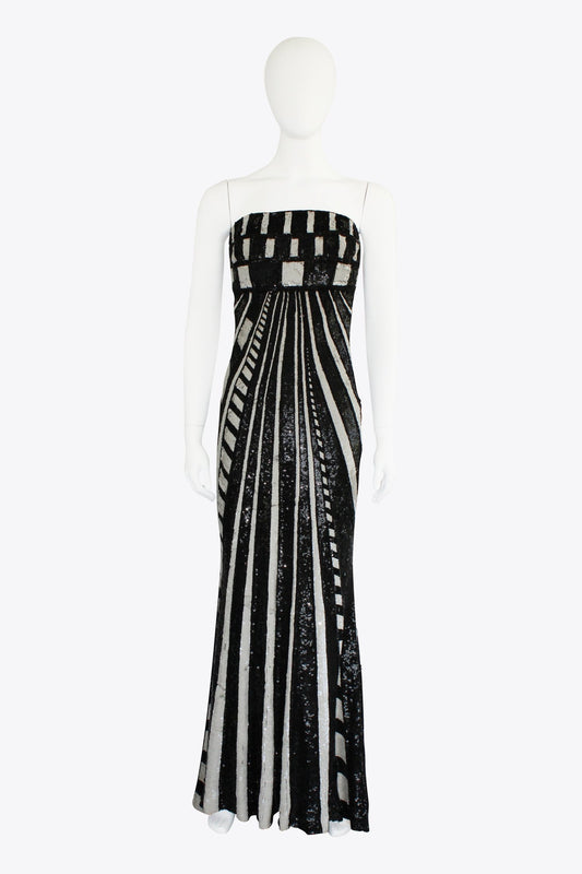 Elie Saab Black & White Strapless Beaded Gown