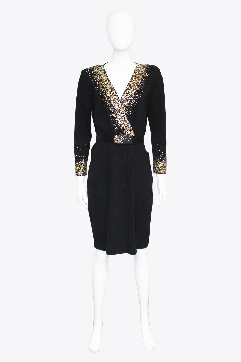 St. John Black and Gold Long Sleeve V-Neck Dress