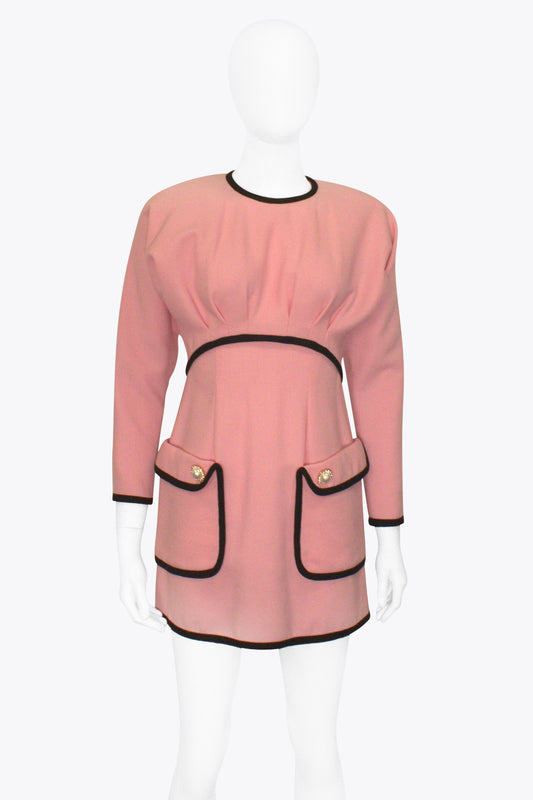 Rodarte Pink Drop Waist Long-Sleeve Dress With Black Trim & Pockets