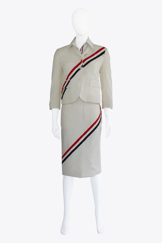 Thom Browne White With Red & Blue Stripes Midi Skirt Suit