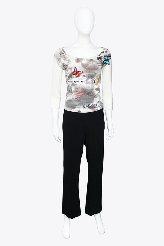 John Galliano White Butterfly Print Longsleeve