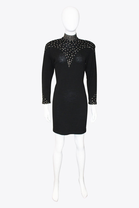 St. John Black Sequin Turtleneck Long Sleeve Dress