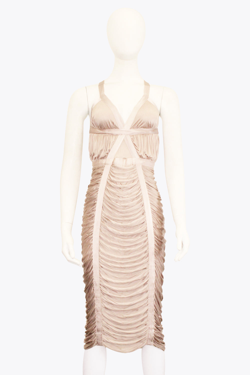 Yves Saint Laurent Light Pink Ruched Silk Midi Dress
