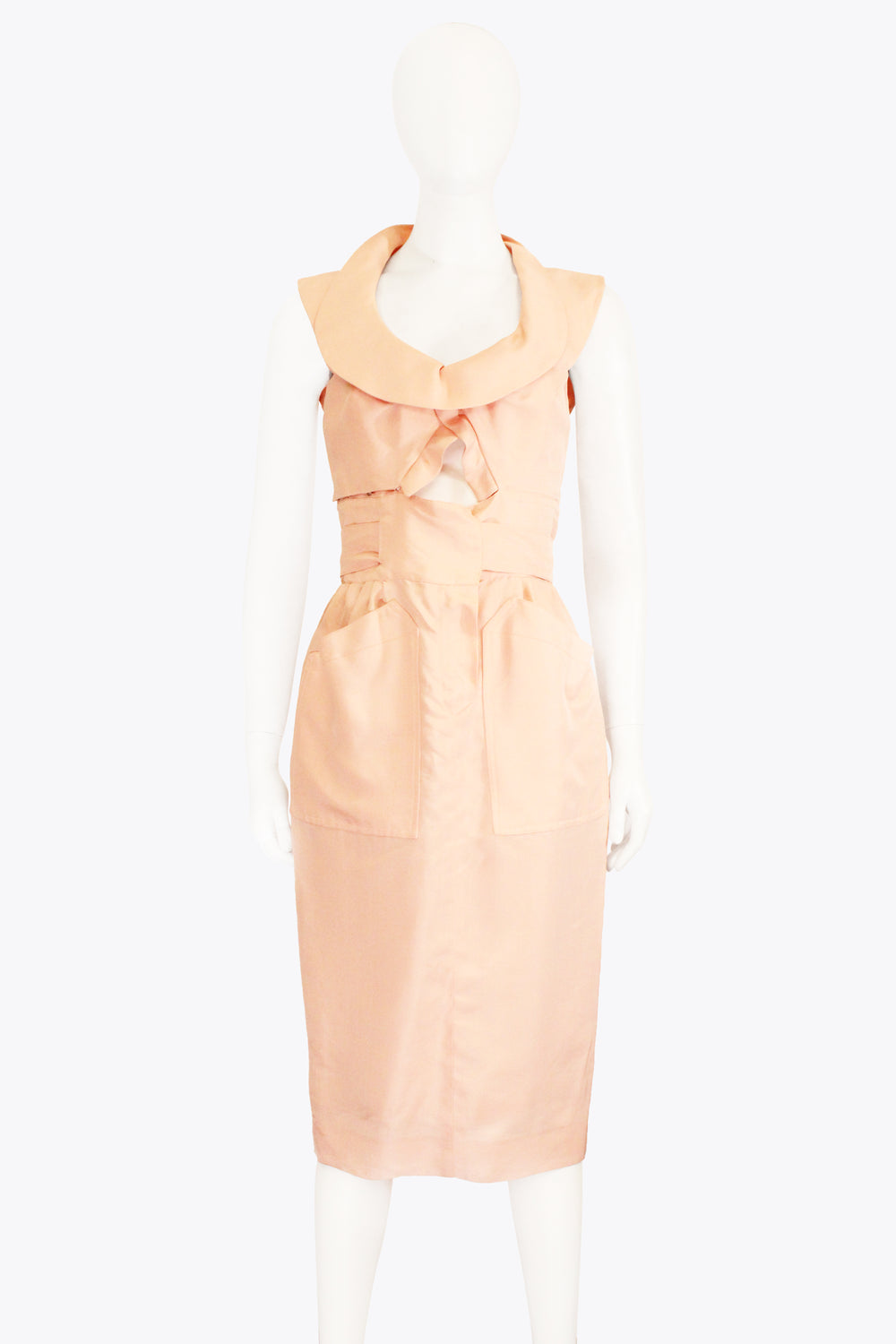 Chloe Pink Midi Dress With Round Collar & Middle Cut