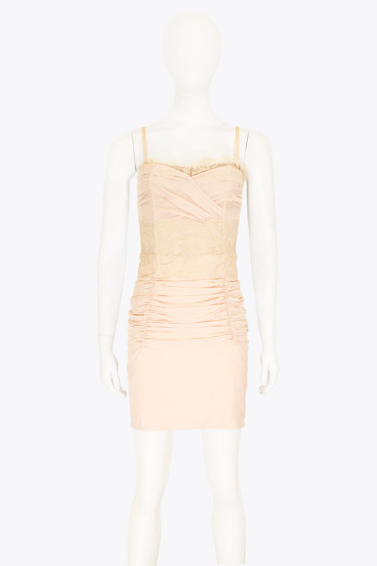 Dolce & Gbbana Pink Pleated Ruched Mini Dress With Lace Detail