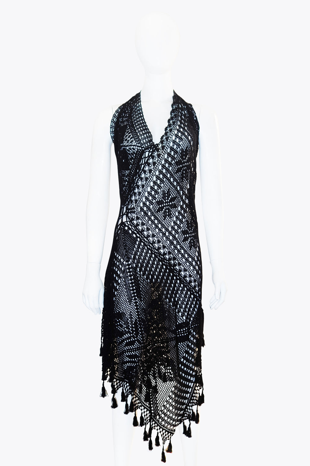 Jean Paul Gaultier Black Crotchet Halter Dress With Tassels