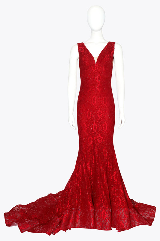 Red Lace Sleeveless V-Neck Gown With Train