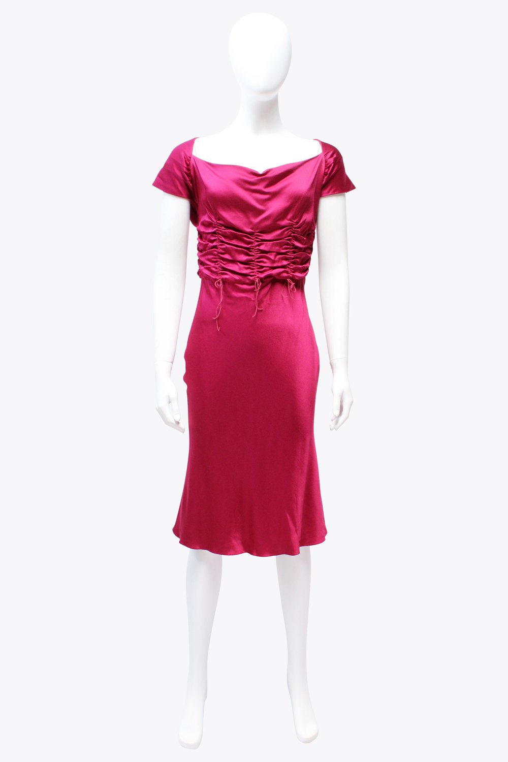 John Galliano Pink Ruched Midi Dress