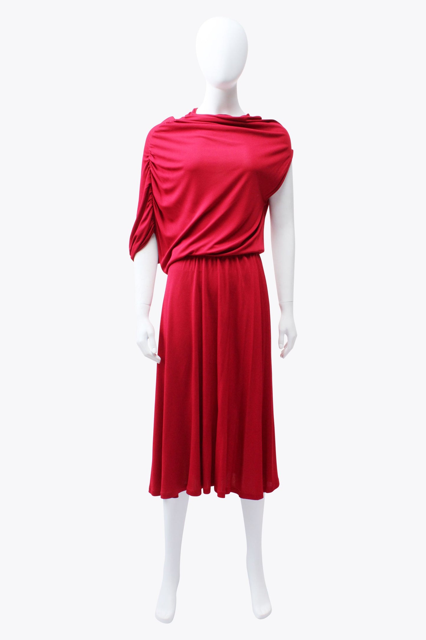 Vionnet Red One Sleeve Draped Midi Dress