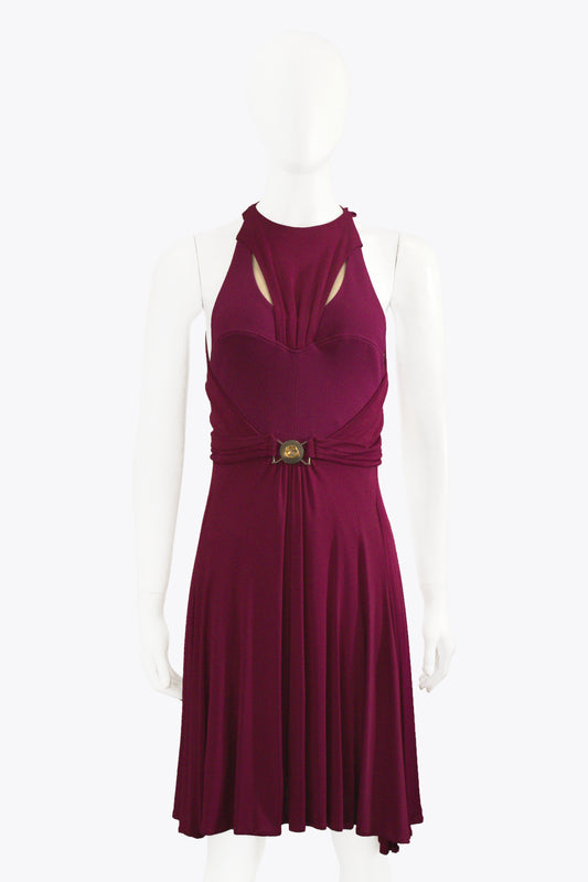 Versace Purple High-Neck Dress With Center Buckle