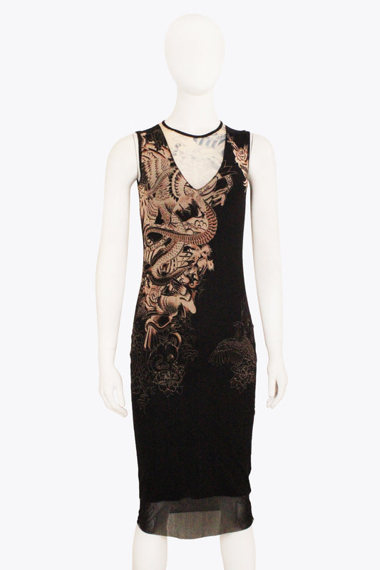 Jean Paul Gaultier Black Tattoo Print Midi Dress