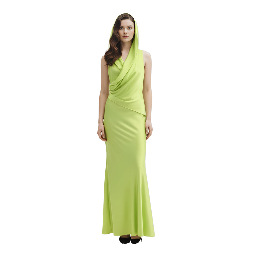 halpern hooded draped satin gown