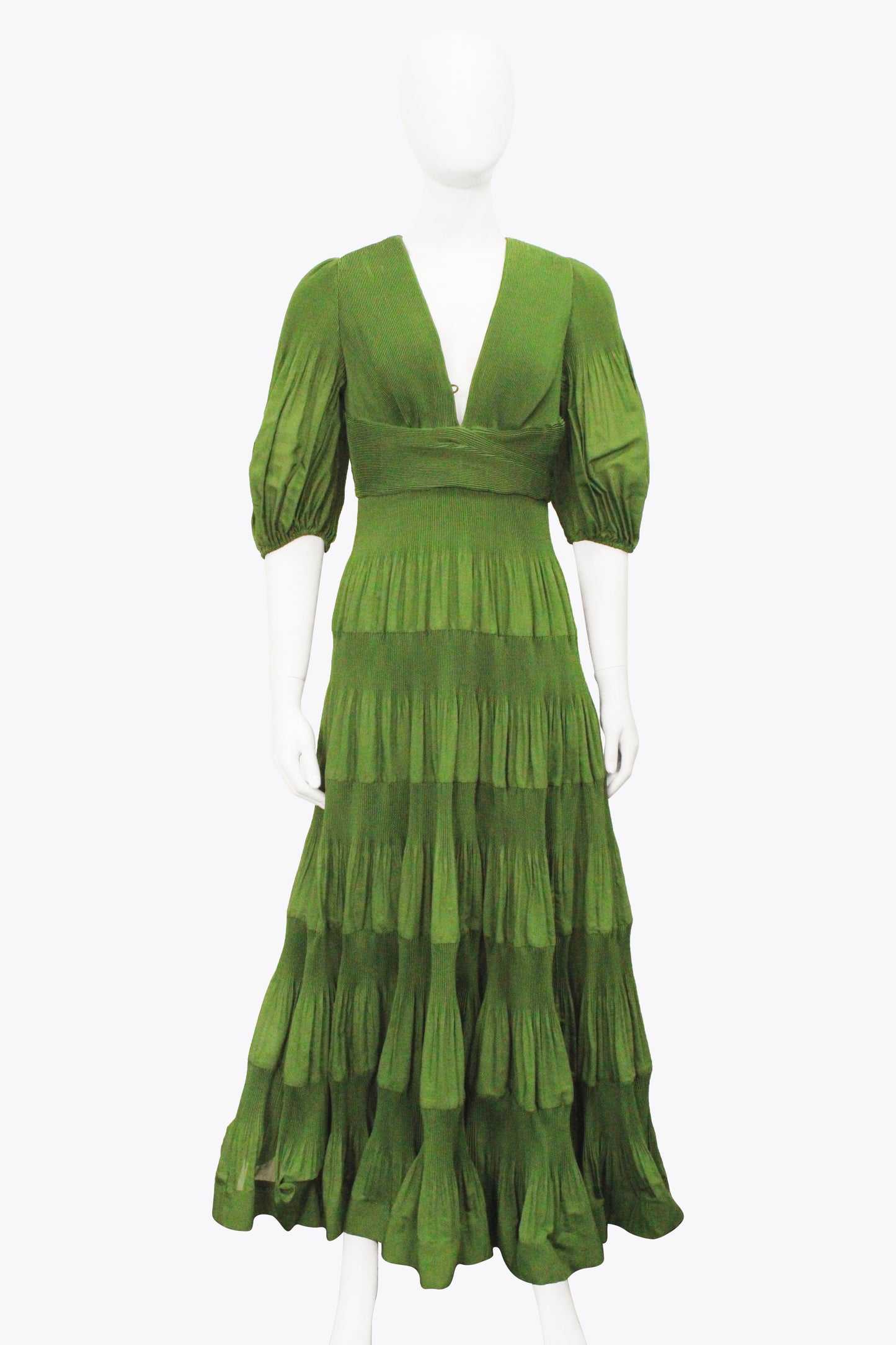 Zimmermann Green Pleated Maxi Dress With Puffy Sleeves