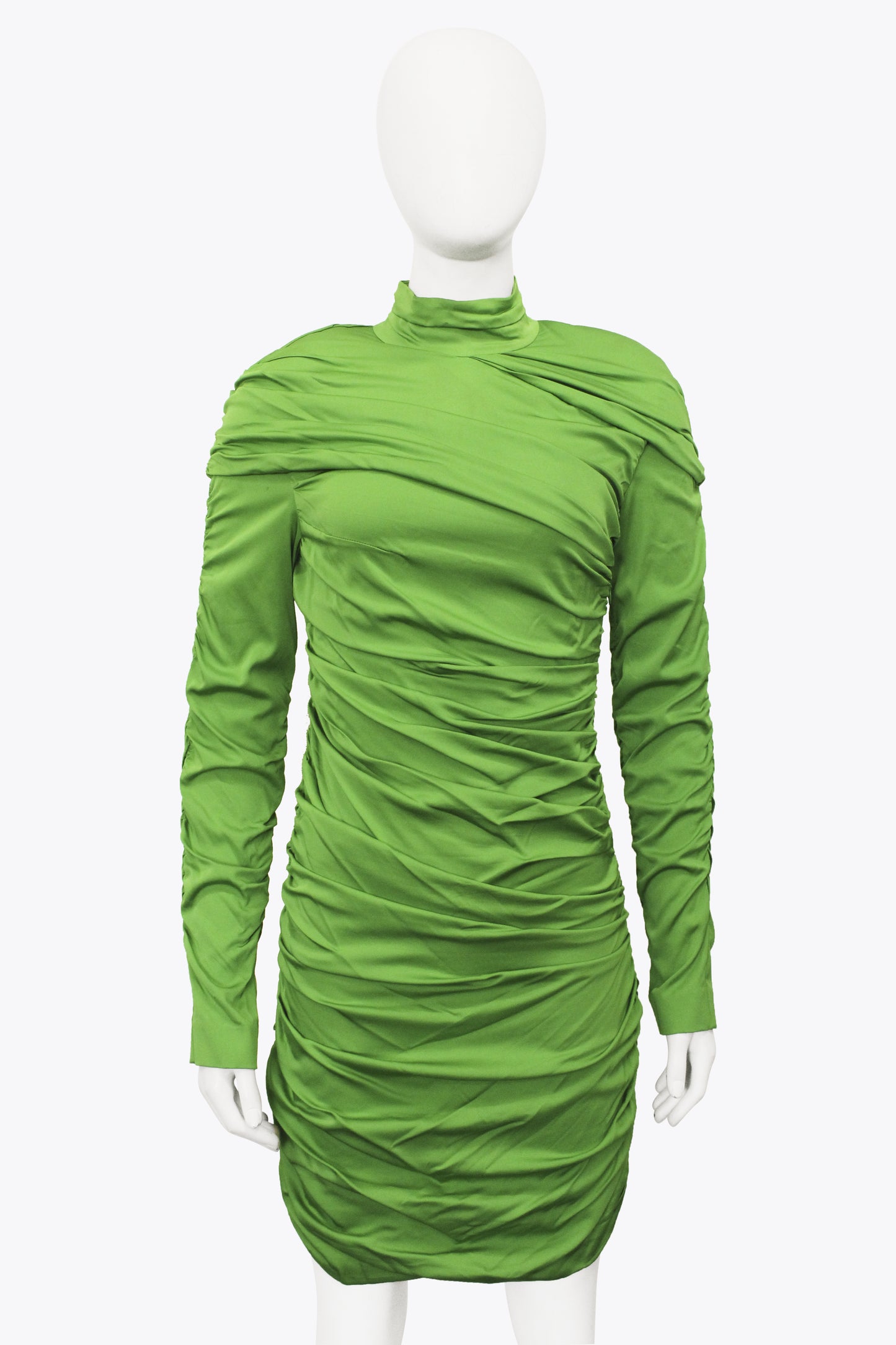 Stella McCartney Green Long-Sleeve Ruched Mock-Neck Dress