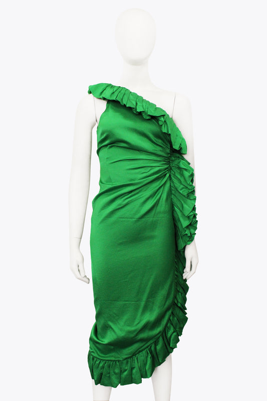 The Attico Green One Shoulder Silk Dress With Ruffle Detail