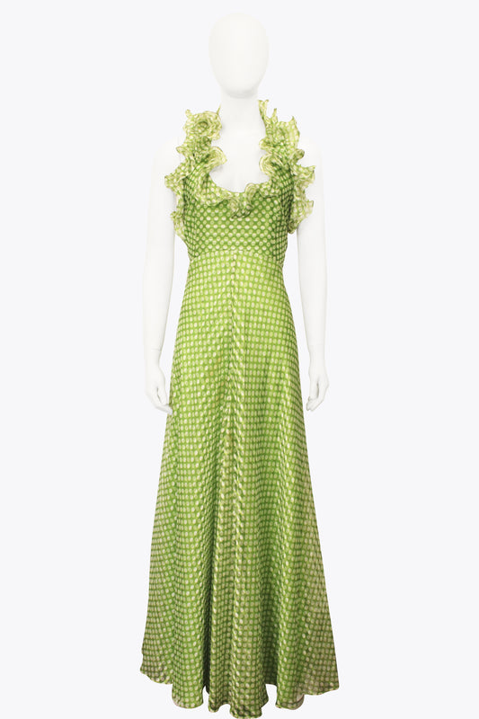 Geoffrey Beene Boutique Green Polk-A-Dot Maxi Ruffle Halter Dress