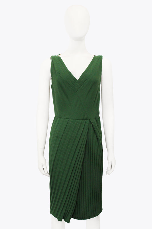 Alberta Ferretti Green Sleeveless Pleated V-Neck Dress