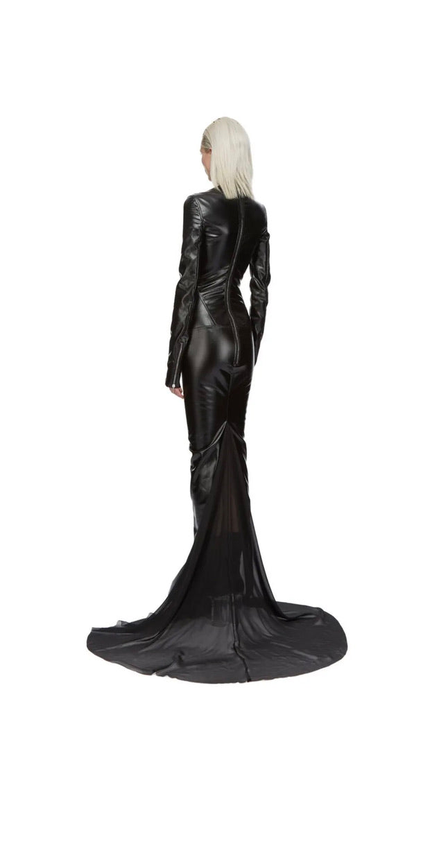 Rick Owens Black Leather Long Sleeve Mermaid Gown